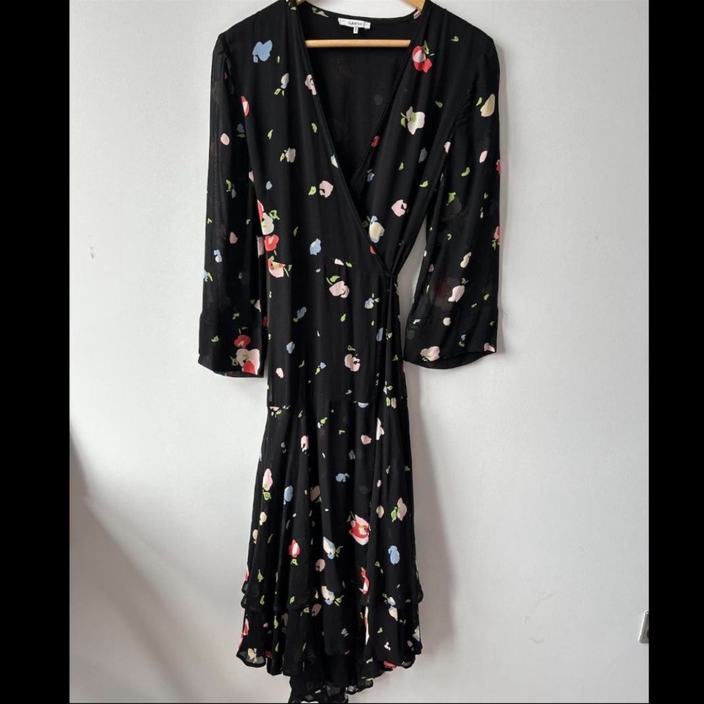 Ganni Black Floral Wrap Long Sleeve Dress